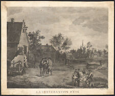 1780 Gravure originale David Teniers Conversation d'été Scène champêtre