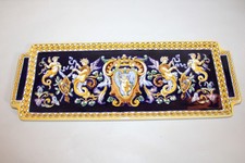 Plat à cake en faïence de Gien, décor Renaissance Italien bleu, 38 x 14 cm