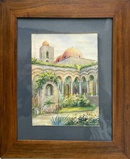 Tableau aquarelle Orientaliste "le Patio" signée + cadre pitchpin