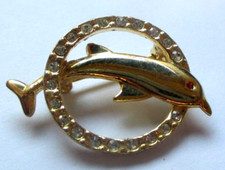 broche couleur or poli  dauphin cerceau cristaux diamant rare bijou vintage 5062