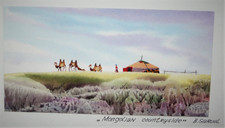 MONGOLIE PETITE AQUARELLE SIGNÉE SCÈNE YOURTE ET CHAMEAUX