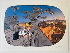 EX LIBRIS GOLDEN CREEK HOMMAGE JOHAN PEYO " PAYS MAUDIT " WALTHERY 30*40cm