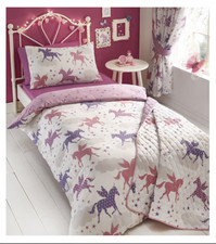 Ensemble housse de couette réversible Divine Unicorns simple/double OU rideaux assortis