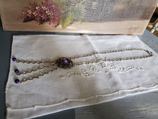 vintage collier  métal decor rosace fleur avec pendant perle mauve