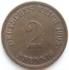 Pièce Allemande Empire Allemand 2 Pfennig 1905 G En Uncirculated