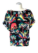 CHLOE VINTAGE TOP BLACK ELEPHANT PRINT BOAT NECK BUTTONED BACK  100% VISCOSE 40