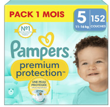 152 couches bébé Pampers Premium, Taille 5, 11-16kg, Pack 1 mois.