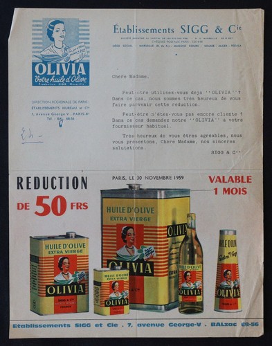 Facture 1959 sigg huile olive - 1959,