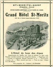 Publicité ancienne grand Hôtel St-Moritz 1908 ou 1909 issue de magazine