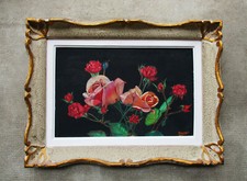 Ancien superbe tableau signé bouquet de roses fleur cadre Montparnasse vers 1950