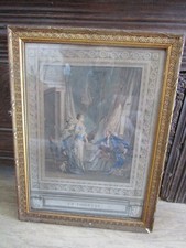 Tableau Gravure / Litho Ancienne "La toilette  " cadre ancien sculpté doré