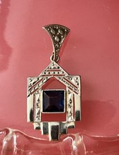 ART DECO Superbe Pendentif en OR BLANC 18K 750 Et Jaune Avec Saphir Bleu Foncé