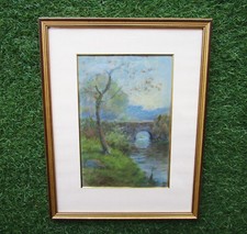 Ancien superbe pastel, paysage bucolique pont rivière, tableau en très bon état.
