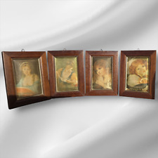 4 Small Vintage Artistic Print Paintings On Silk Italy Precious Wood 5"x3.7"