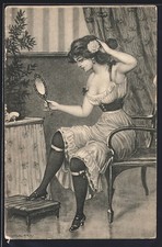 Künstler-ak Sign. Ludwig Rugueux: Frau Avec Regarde dans Le Miroir Nu
