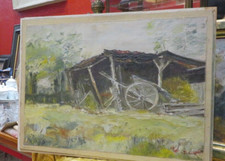 ancien tableau huile / panneau par simone girard hangar aux chatres mazirat 03