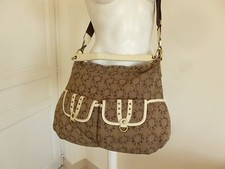 SAC BESACE XXL MARQUE LANCASTER TOILE BROCHE MARRON ET GARNITURE CUIR BON ETAT
