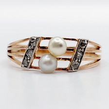 Bague antique toi et moi or rose 18k perles, diamants tailles roses (circa 1900)