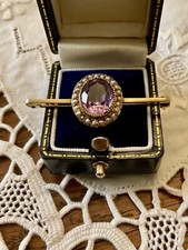 XIX VICTORIENNE BROCHE AMETHYSTE, PERLE FINE, OR 14K, SUBLIME ANCIEN BIJOU