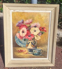 Ecole Française.  Tableau ancien.  Bouquet de Fleurs.  Peinture huile sur toile.