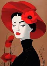 Tableau création originale - Portrait chapeau rouge coquelicots