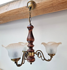 Lustre Vintage en Bois et métal - 3 Lumières avec Abat-Jour en Verre Givré