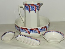 -SERVICE DE TOILETTE BROC CUVETTE Porte brosse Savon bol à barbe ST AMAND 1940