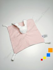 Doudou Plat Carré Lapin Blanc Rayé Rose/Rouge Yeux Nez Gris Noeuds Petit Bateau