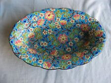 Très belle corbeille ovale en émaux de Longwy décor de fleurs multicolores