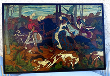 Chasse au faucon Moyen Age, grand tableau pyrogravure, Dame , costumes, 80 x 54