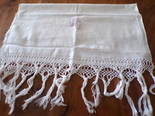 Linge ancien Serviette toilette coton blanc franges  mono RC ( ref 6 )