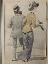 Beau Dessin Femme Élégante Léon Joseph VOIRIN  Aquarelle  1880 Ancien Art Signé