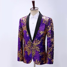 Hommes Costume Blazer Feuille Motif Paillettes Sequin Veste Robe Danse Soirée