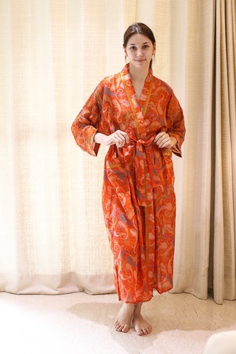 Robe longue kimono orange vert - robe,