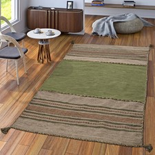 Tapis Tissé Main Salon Nature Tapis Tissé Kilim Moderne Coton Rayé Vert
