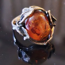 Bague Vintage Style Art Nouveau Argent 925 Ambre Baltique T 56