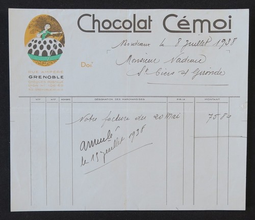 Facture 1939 grenoble chocolat - facture,