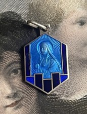 Médaille catholique Vierge Marie Art Déco bi-face en micro mosaïque & Émail Bleu