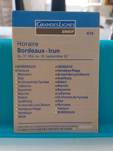 Horaires bordeaux irun 1992 - bordeaux,