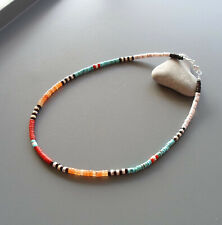 Collier amérindien homme ou femme turquoises corail nacre argent Surfeur heishi
