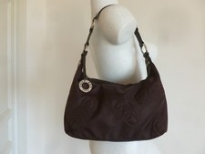 NEUF SAC POURCHET CUIR BRUN ET TOILE SATINEE BRODEE CHOCOLAT PORTE EPAULE 