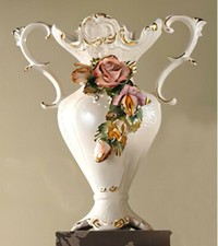 Vase Amphore Porte en Porcelaine Italienne Capodimonte avec Poignées Et Rose