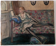 TABLEAU XX EME HST PORTRAIT FEMME SUR SON CANAPE EPOQUE ART DECO