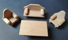 Lot de 4 meubles miniatures bois table, canapé, chaises pour maison de poupées