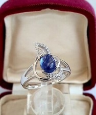 BAGUE ANCIENNE ARGENT MASSIF 925 Pl OR BLANC 18K SAPHIR NATUREL CABOCHON  54/55