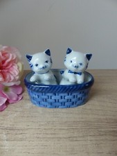 Vintage Salière et Poivrière, couple chat céramique blanche et bleue
