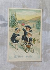 Carte Postale Ancienne Fantaisie Illustrée Gaufrée Bonne Année Enfants Luge