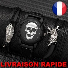 Montre Bracelet + Collier Homme Tête De Mort Loups Aile Cuir Quartz Noir Bijoux