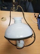 vintage Lustre Suspension lyre laiton  et opaline blanche reservoir faience