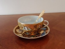  Tasse  porcelaine japonaise MORI SATSUMA et cuillère sculptée (Dent)  ancienne 